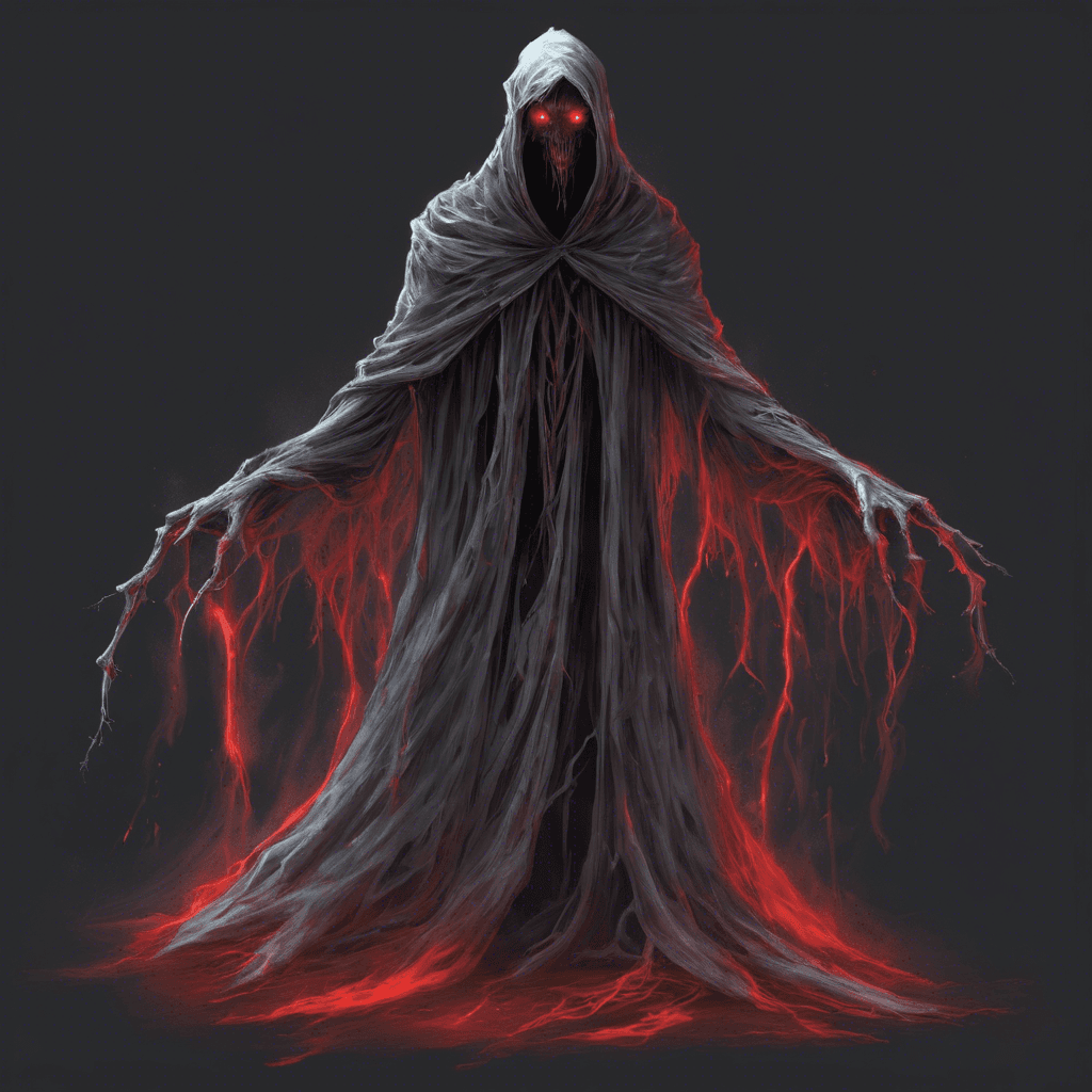 The Spectral Wraith is a ghostly figure cloaked in tattered robes, with glowing red eyes that pierce through the darkness. Its ethereal form hovers slightly above the ground, emitting an eerie chill that freezes the air around it. Wisps of shadowy energy trail behind its every movement, leaving a sense of dread in its wake.