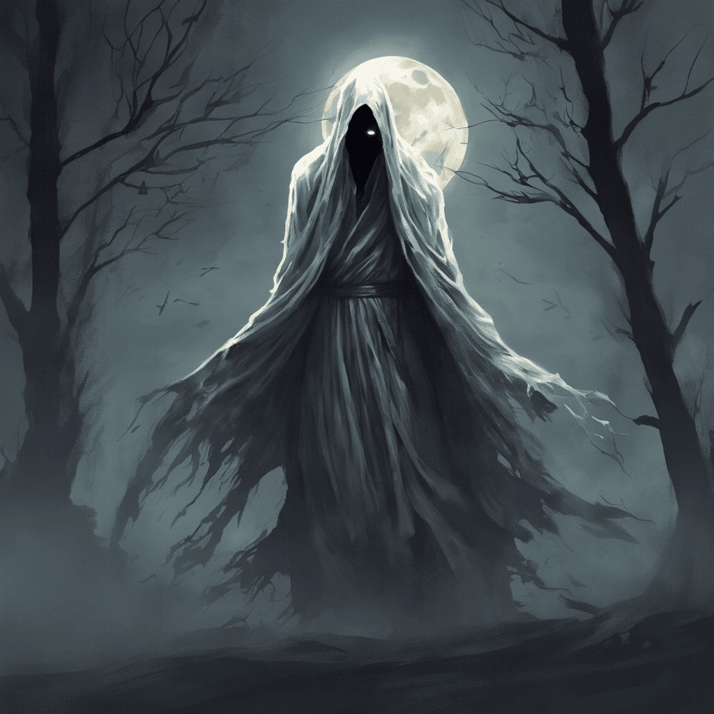 The Specter of the Moonlight is a ghostly figure dressed in tattered robes that seem to flow and twist in a non-existent wind. Its eyes emit a pale, eerie glow that sends shivers down your spine. As it moves, faint whispers and distressing moans fill the air, chilling you to the core.