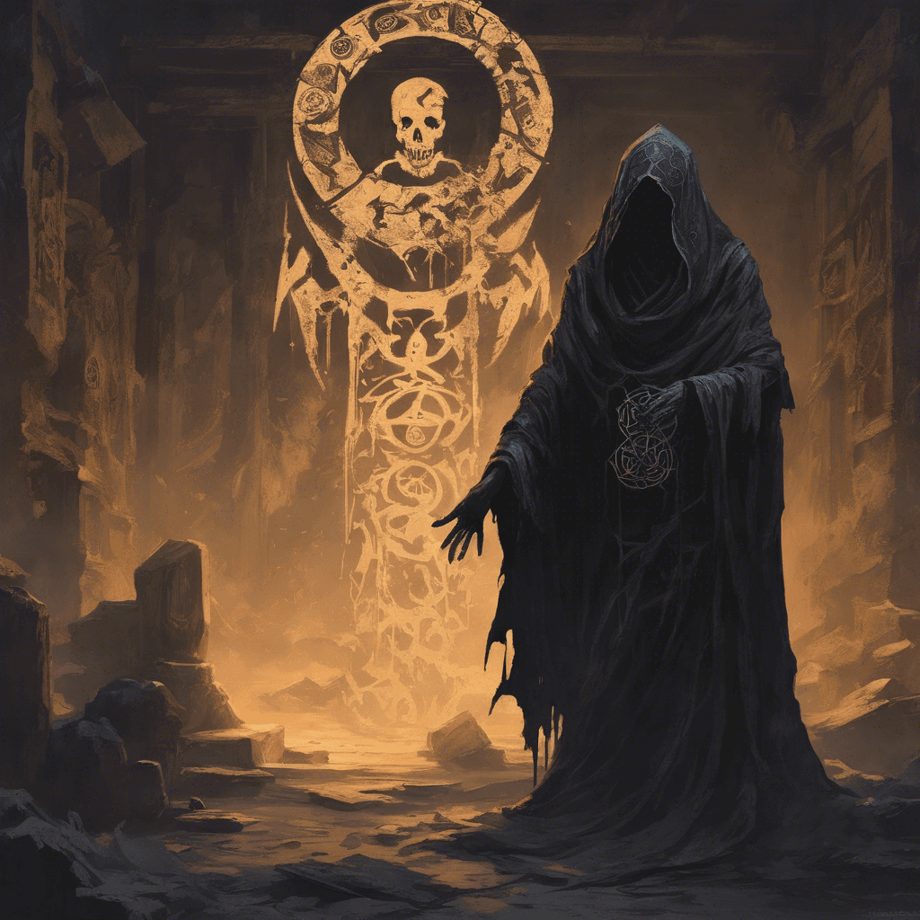 A shadowy figure with glowing eyes, draped in tattered robes covered in ancient symbols. Its presence chills the air and sends shivers down your spine, as if the very essence of evil itself has taken form.