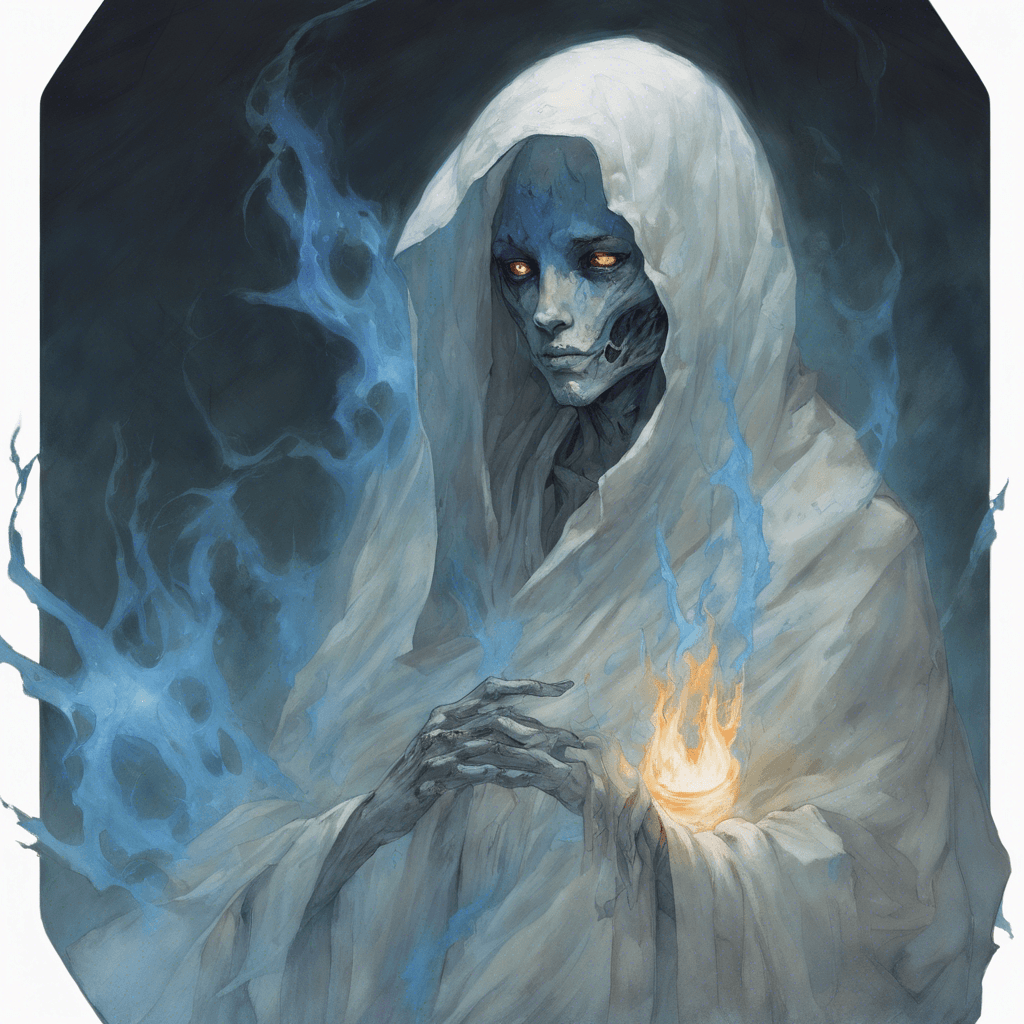 A translucent figure, tattered robes hanging from its ethereal form, and a pair of hollow eyes that burn with a cold, blue flame.