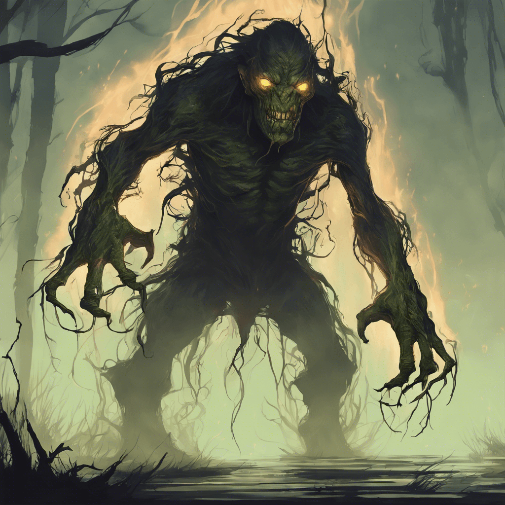 A hulking creature melding with the shadows, its eyes glow like embers in the dark. Its form is that of a distorted human, with elongated limbs and a torso warped by the magic of the swamps. It emits a low hiss as it moves, tendrils of shadow swirling around it.