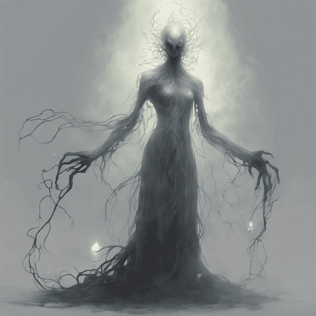 A semi-transparent entity, with an inner light that flickers like a ghostly flame. Its tendrils are ethereal, reaching out as if to drain life, and its hollow eyes stare with a haunting intensity. It drifts silently, a mere whisper of mist and malevolence.