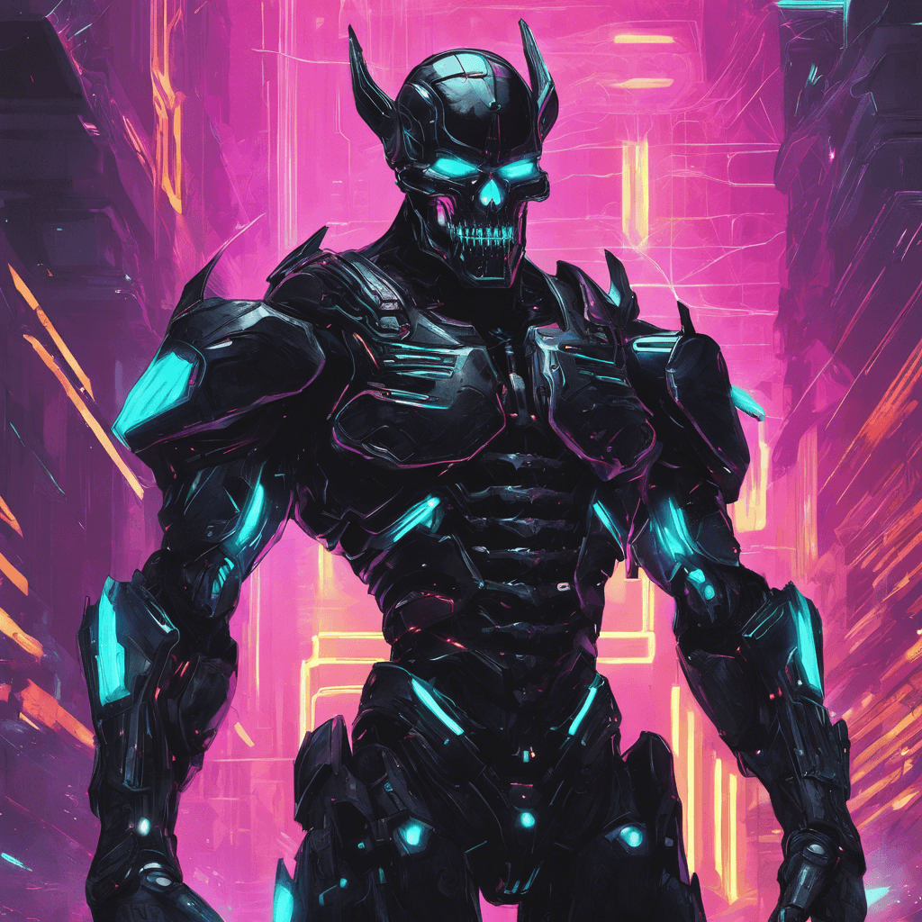 A towering figure clad in black cybernetic armor, with a helmet displaying a skull. Bright neon lines trace across its body, and its hands are fitted with long, razor-sharp claws.