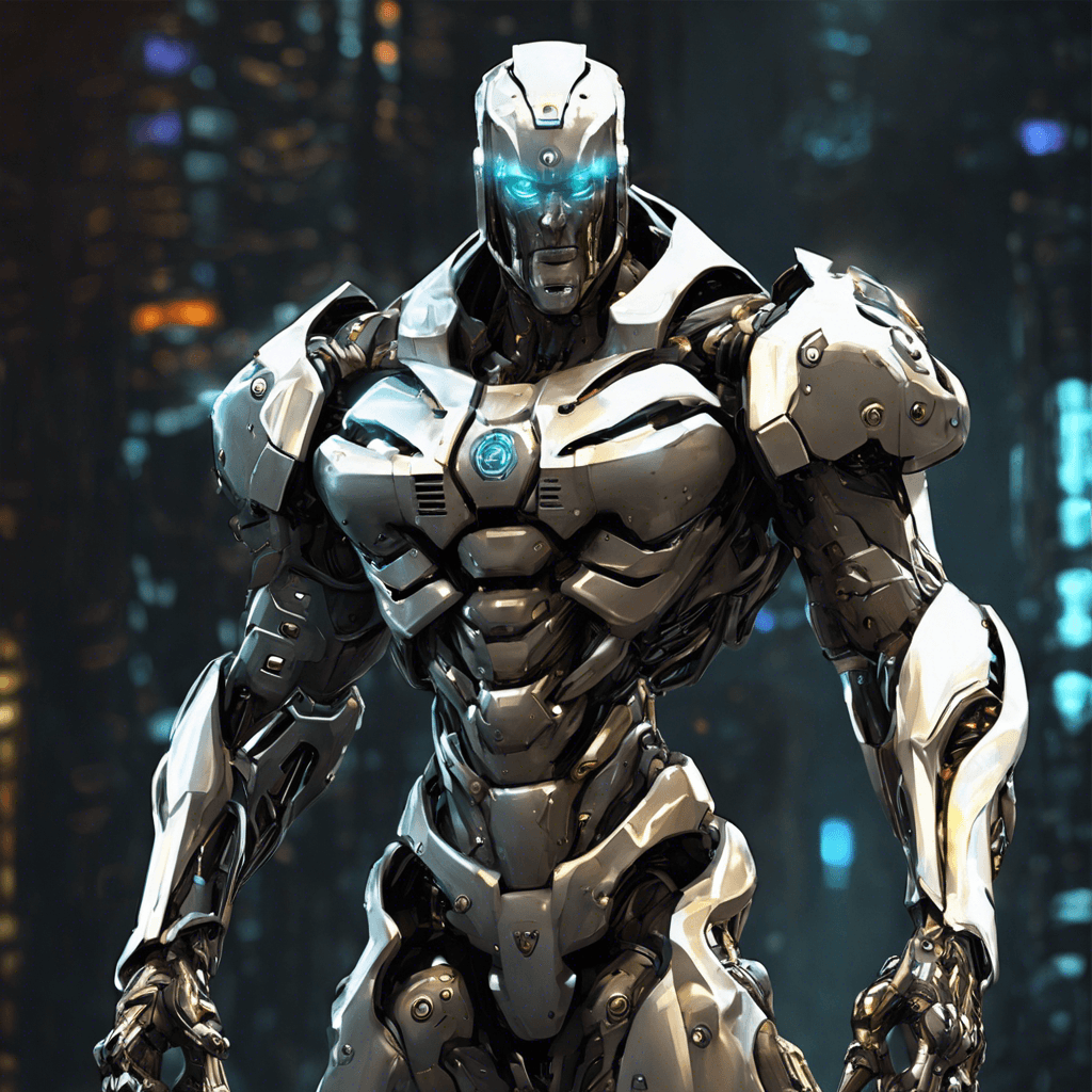 The Cybernetic Enforcer is a towering humanoid figure covered in sleek, metallic armor. Its glowing cybernetic eyes scan the area with precision, and various implants jut out from its body. It emits a low hum as it moves, indicating its power and strength.