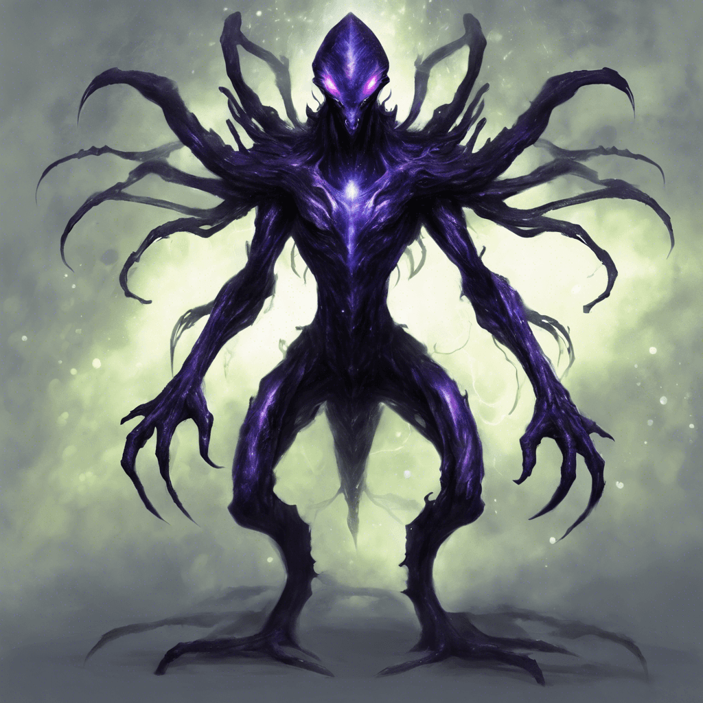 The Voidwalker is a menacing alien creature standing over 10 feet tall, with dark, shimmering skin that seems to absorb the light around it. Its eyes glow with an otherworldly energy, and tendrils of dark energy crackle around its body.