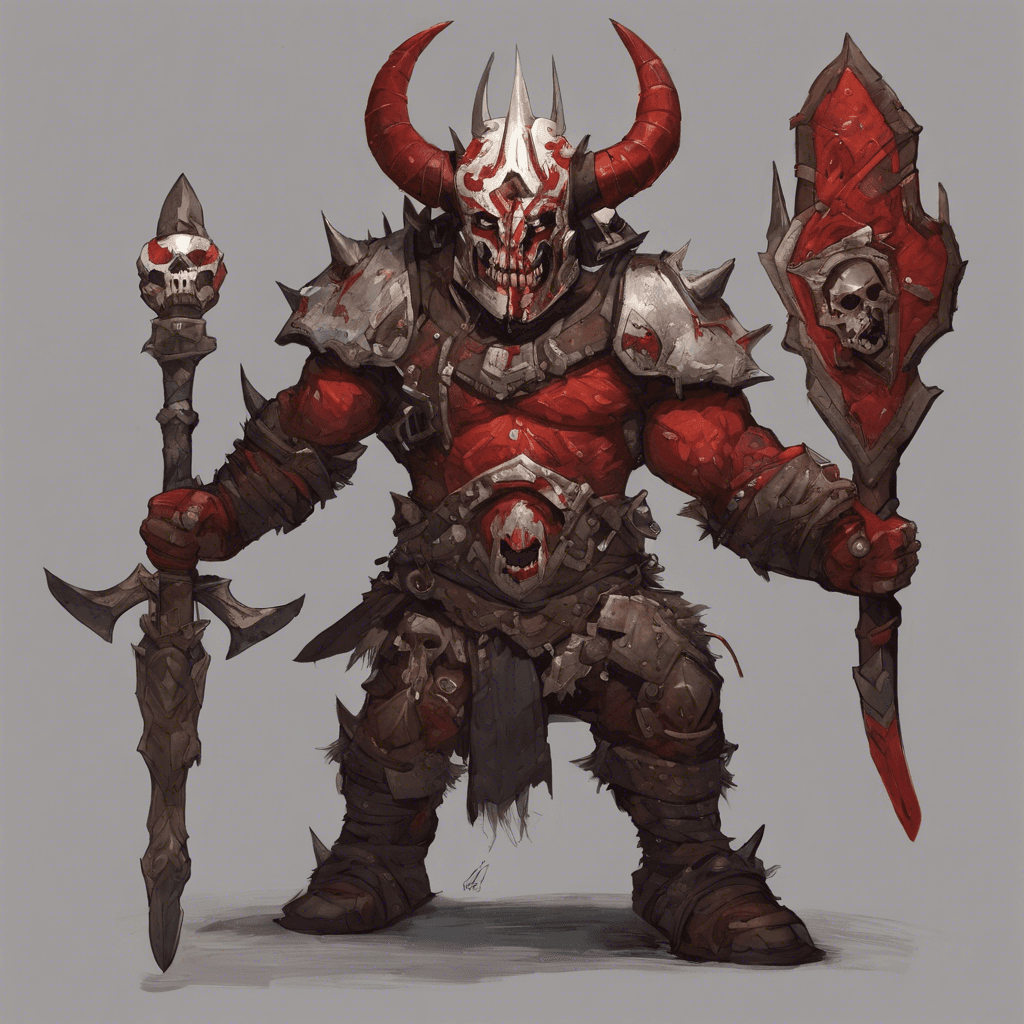 A hulking Severian with scars crisscrossing his red skin, adorned with bone armor etched with symbols of conquest. Bony spines line his eyebrows and chin, supplementing the intimidating horned helmet he wears. In his grasp is a sparking energy mace, humming with lethal potential.