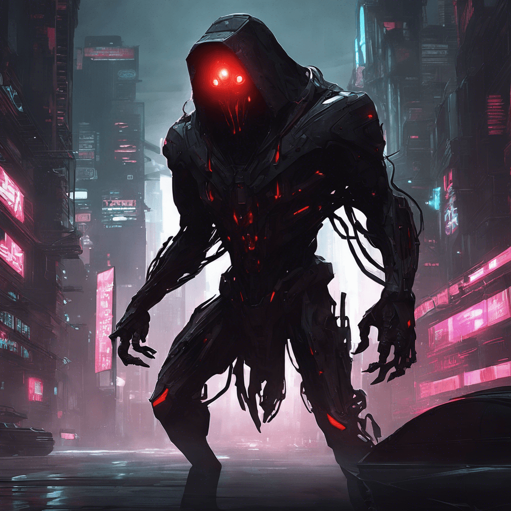 The Nexus Shadow is a formidable enemy in the cyberpunk dystopian city, cloaked in darkness and digital glitches. It appears as a shadowy figure with glowing red eyes and cybernetic implants integrated into its body. It moves swiftly and silently, leaving behind a trail of corrupted data in its wake.