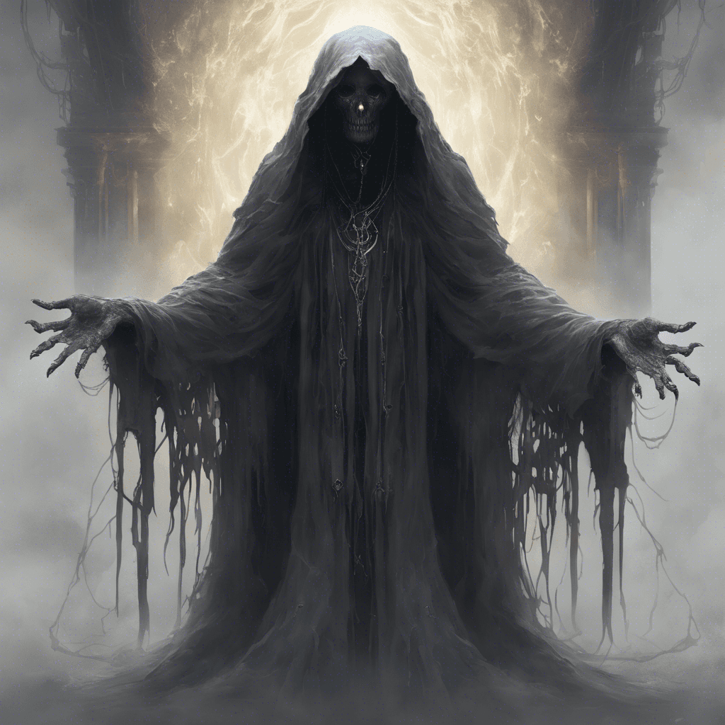 A spectral figure shrouded in tattered robes, its face is a void of darkness save for two hauntingly glowing eyes. Ethereal chains clink and drag behind it as it floats above the ground, exuding an aura of despair.