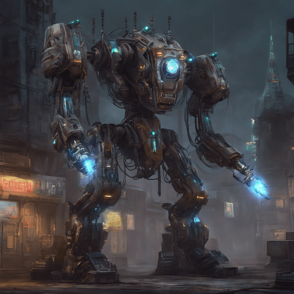 A towering mechanical sentinel, its chassis glistening with an eerie light. It has multiple limbs, each equipped with various weapons, and a single glowing optic sensor in the center of its head.