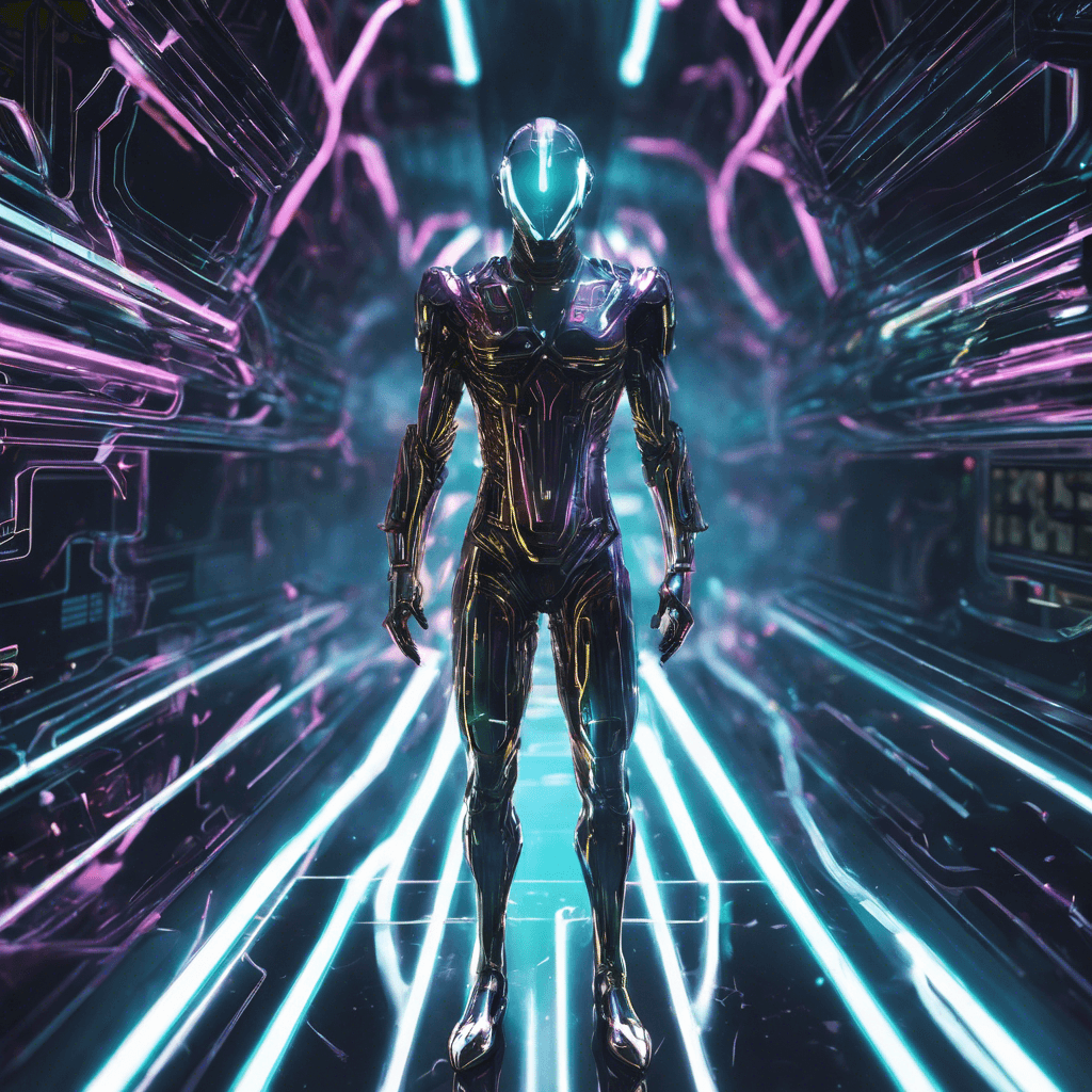 A slender yet agile humanoid form, with chrome-plated armor and a face obscured by a mirror visor. Neon circuits pulsate across its body.