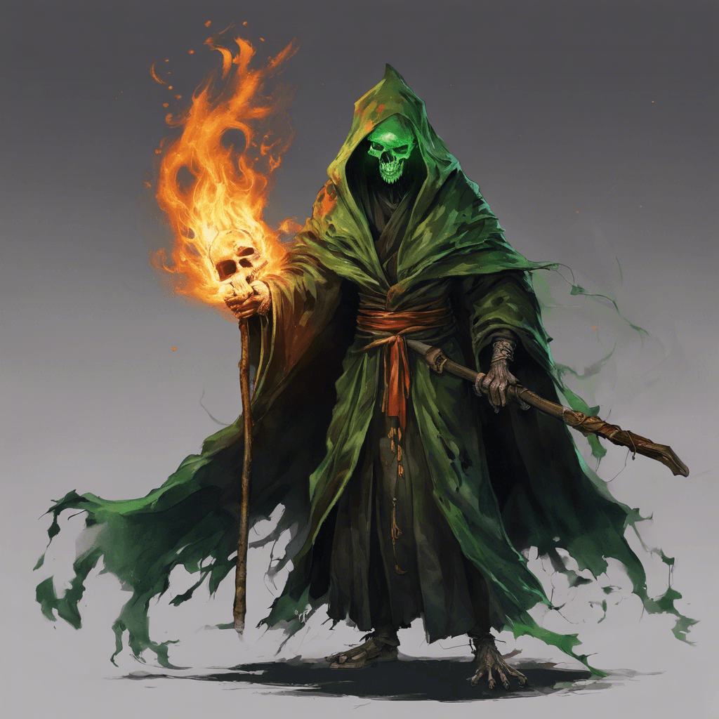 The Onibi Warlock is a menacing figure cloaked in tattered robes aglow with ethereal flames. His eyes burn with the intensity of captured souls, and in his hands, he wields a gnarled staff topped with a skull that radiates a malignant green fire.