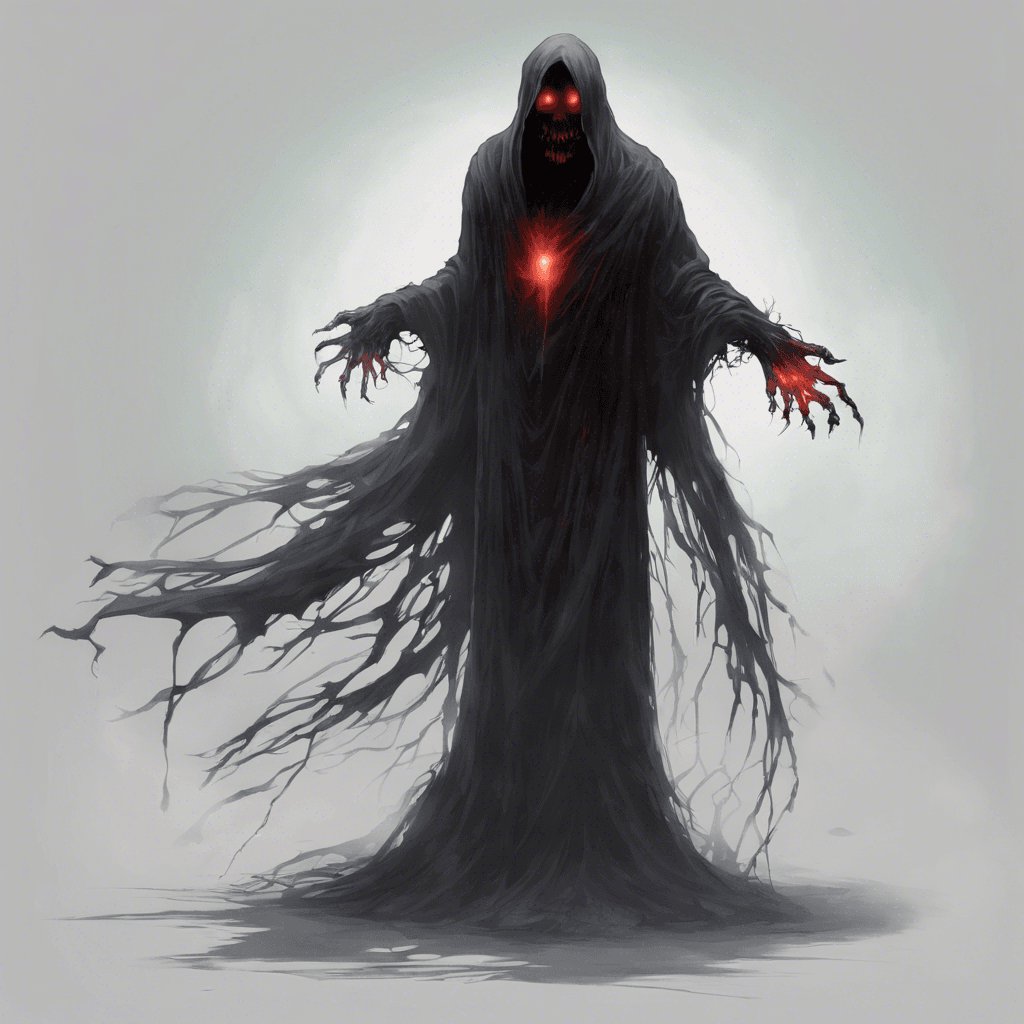 The Phantom Wraith is a shadowy figure, floating just above the ground. Its form is wispy and translucent, with glowing red eyes that pierce through the darkness. It emits an eerie chill that sends shivers down your spine.