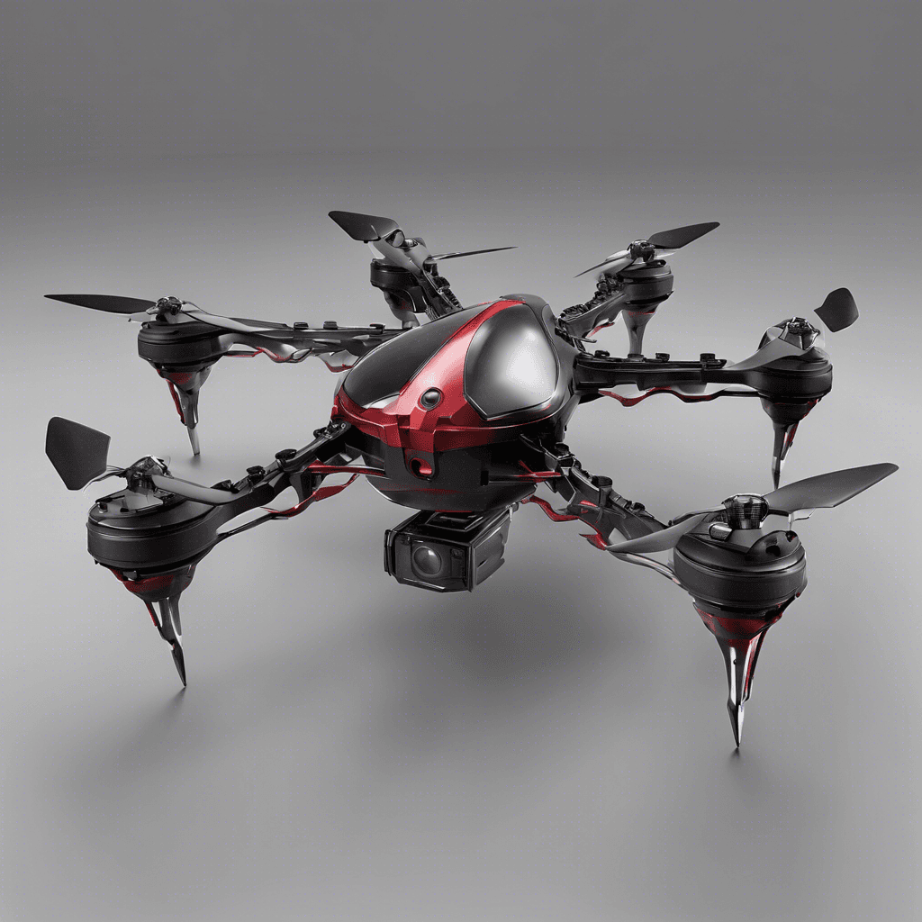 A hovering quad-copter drone, its sleek metallic body outfitted with sharp, blade-like protrusions and crimson scanning sensors for eyes. It emits a menacing buzz as it readies its onboard weapons.