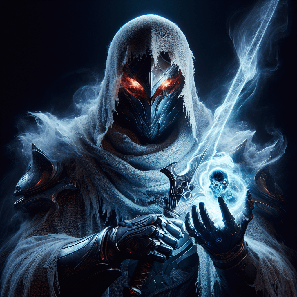 A towering figure draped in spectral armor, appearing both ethereal and solid. Its eyes burn with an otherworldly flame beneath its visored helmet, a spectral sword clasped in its gauntlet.