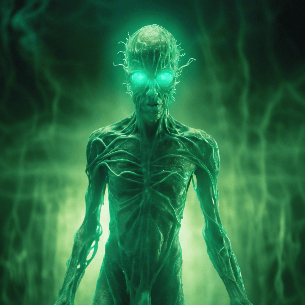 The Xenovirus Infector is a humanoid figure covered in pulsating, bioluminescent veins that seem to writhe under its translucent skin. It emits a faint, eerie glow as it moves, leaving a trail of infectious mist in its wake. Its eyes glow a sickly green, filled with malevolent intent.