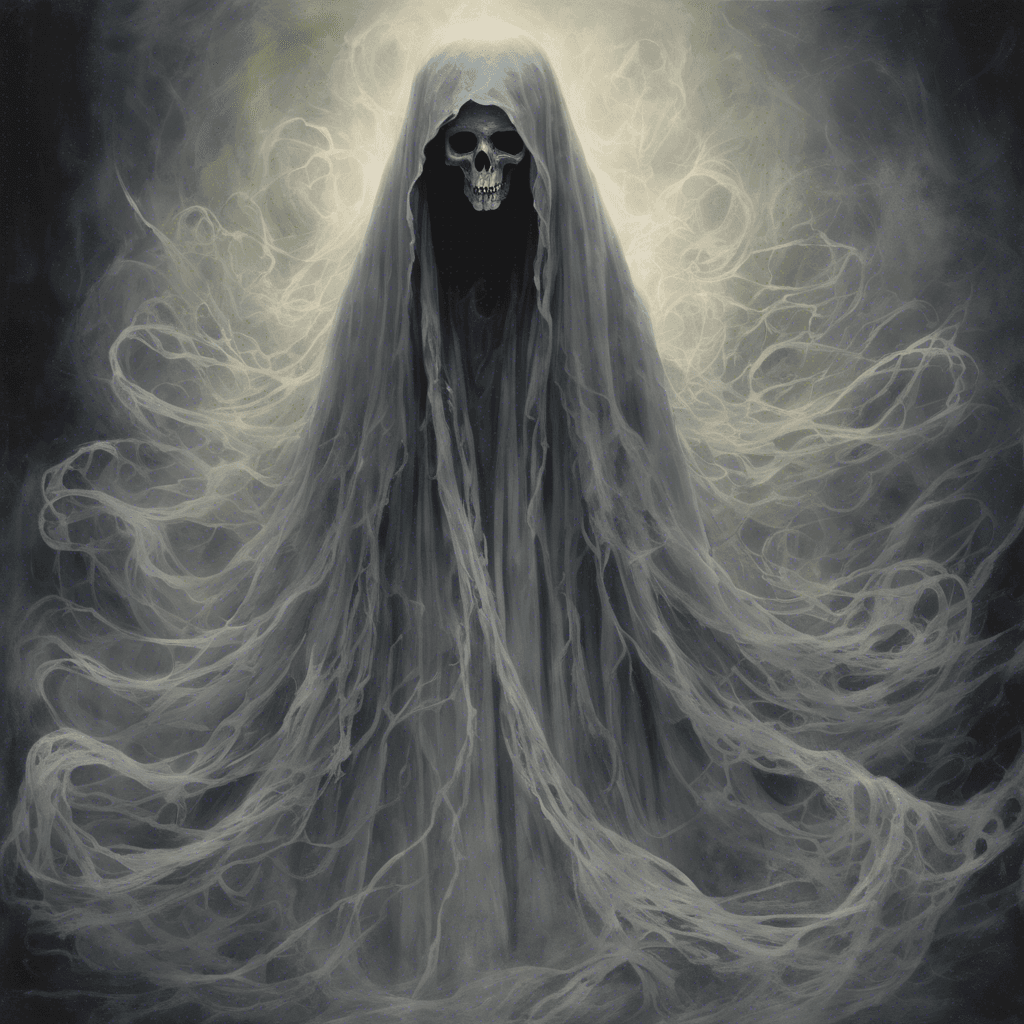 A ghastly apparition cloaked in tattered burial garments, its face obscured by a pale, mourning veil. Mournful wails echo around it as it floats, hands outstretched with tendrils of ghostly energy swirling around them.