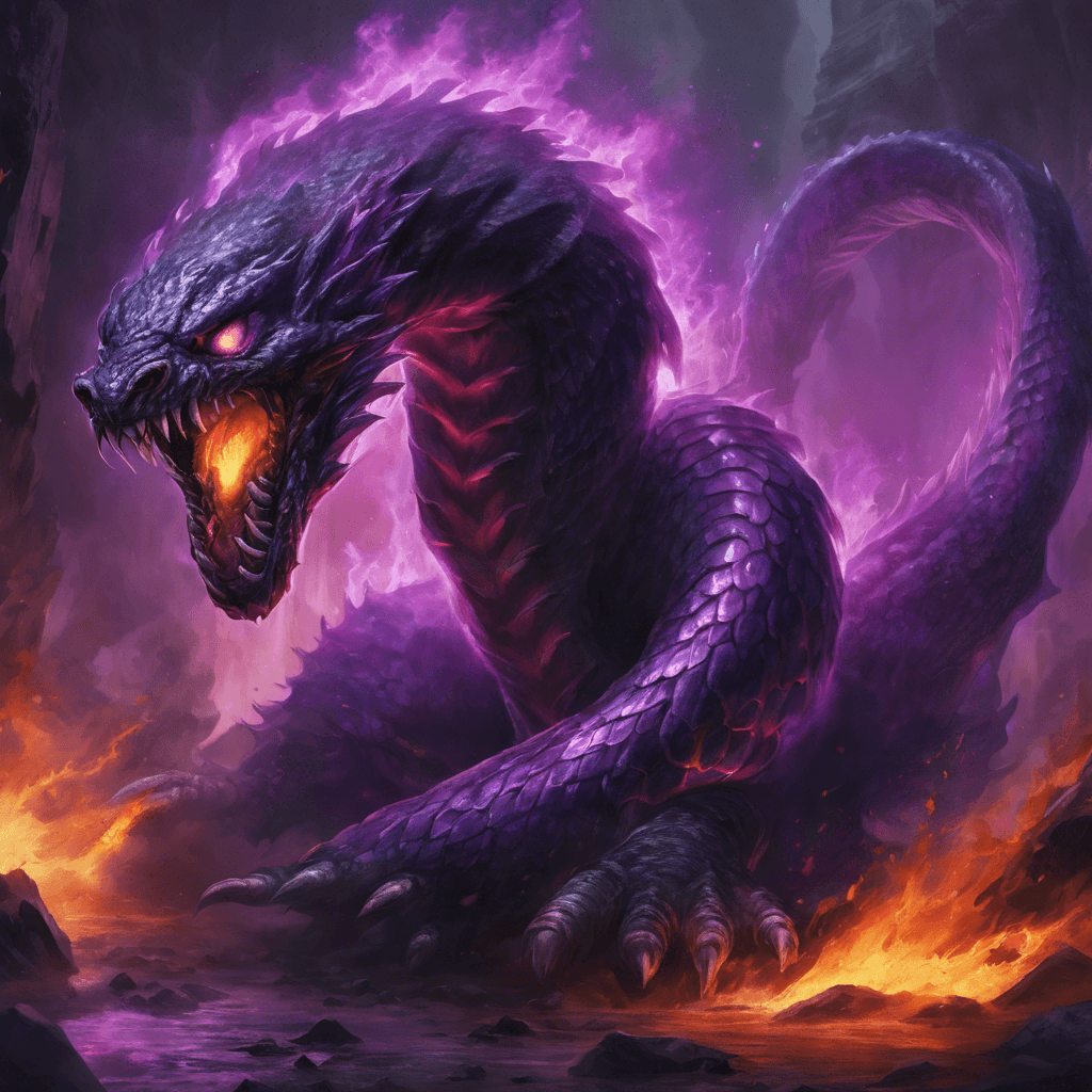 A massive, serpent-like creature with glistening obsidian scales and eyes aflame with purple fire. The beast's gaping maw oozes with a noxious vapor, and its colossal body is lined with razor-sharp spines.