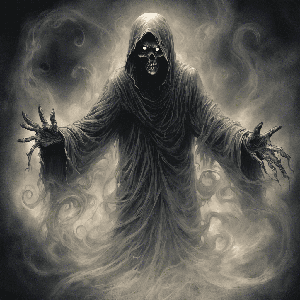 The Specter of the Lost Souls is a terrifying entity that appears as a swirling mist of dark shadows, with twisted faces and reaching hands swirling within its form. It emits an otherworldly wail that chills the bones of all who hear it, drawing upon the souls of the departed to empower its malevolent presence.