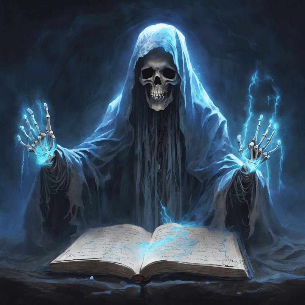 A spectral figure shrouded in tattered robes, its skeletal hands eternally writing in a ghostly tome. It floats above the ground, eyes glowing with eerie blue light.