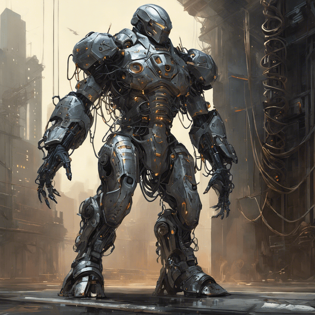 A towering figure, encased in bulky, salvaged cybernetic armor adorned with pulsing electronic chains and locking mechanisms, all designed to enslave and control. Its helmet displays a haunting, static-filled visor.