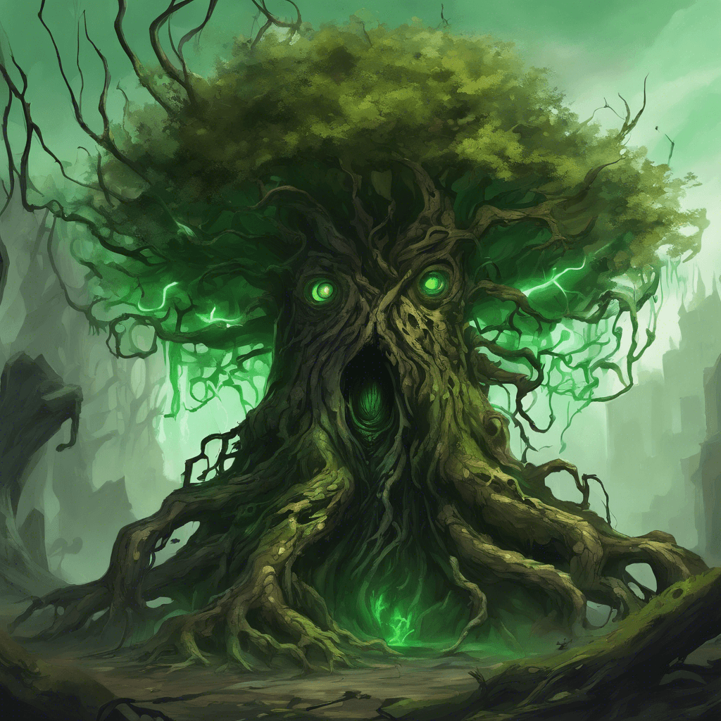 A towering Treant with a gnarly and twisted form. Its bark is blackened and oozing with sickly green ichor, with a maze of roots protruding from the ground around it. Its eyes glow with an unnatural viridian hue, malice pouring from them like the poison that coats its limbs.