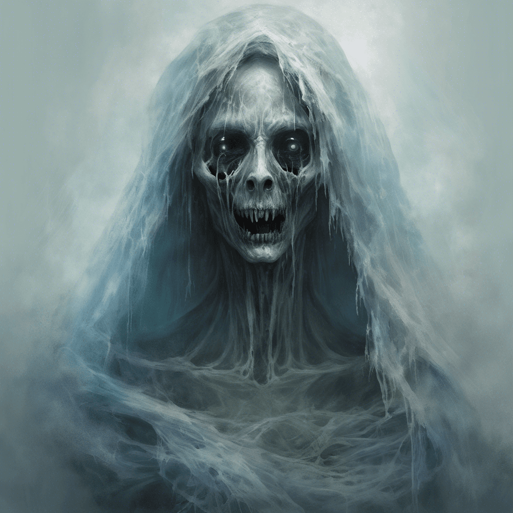 A gaunt spectral entity with a tattered gown that floats as if underwater, its face a horrific visage frozen in an eternal scream, and its eyes hollow with the sorrow of the ages.