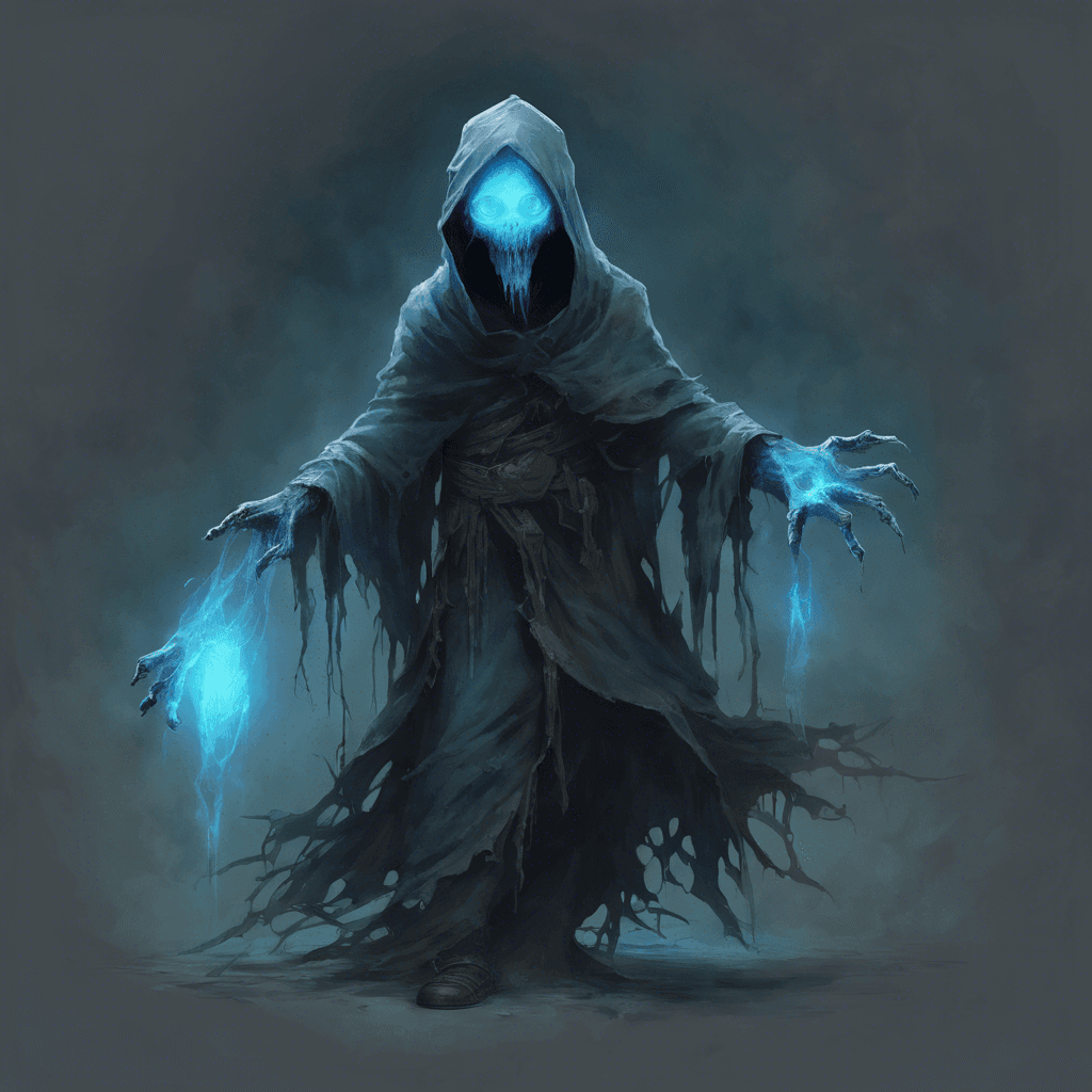 The Spectral Stalker is a ghostly figure clad in tattered rags, emitting an eerie blue glow that flickers in and out of visibility. Its eyes are hollow sockets that seem to pierce through the darkness, and a chilling wail echoes from its form as it hovers towards its prey.