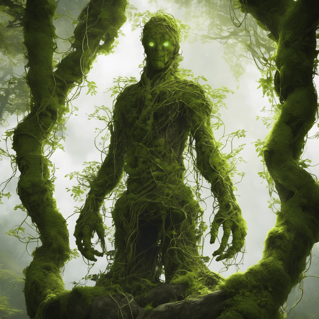 A towering humanoid figure made of knotted bark and moss, with glowing green eyes and long, vine-like arms.