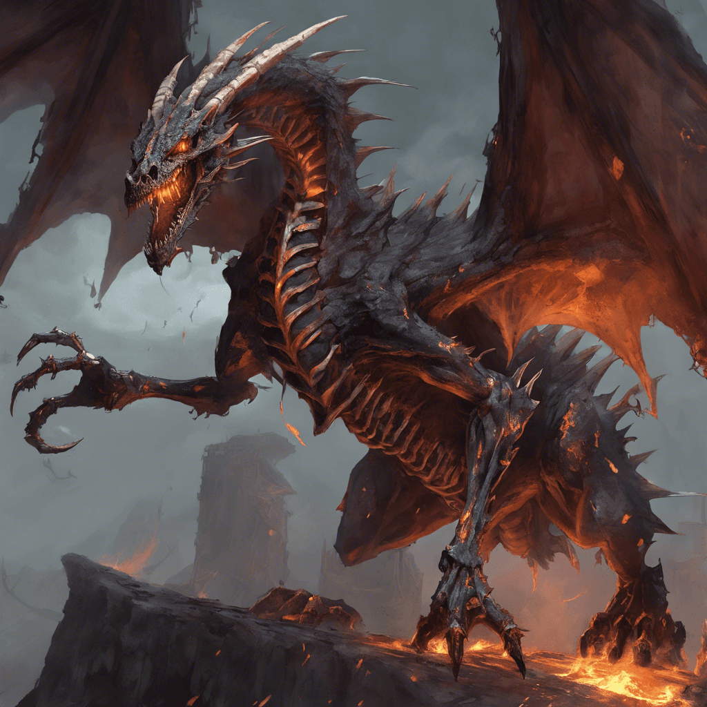 A towering skeletal dragon, with lingering scraps of decayed flesh clinging to its bones. It has malevolent fiery eyes that burn with an otherworldly hatred. The Drakelich's wings are tattered, but magic crackles between its ribs, a testament to its necrotic power.