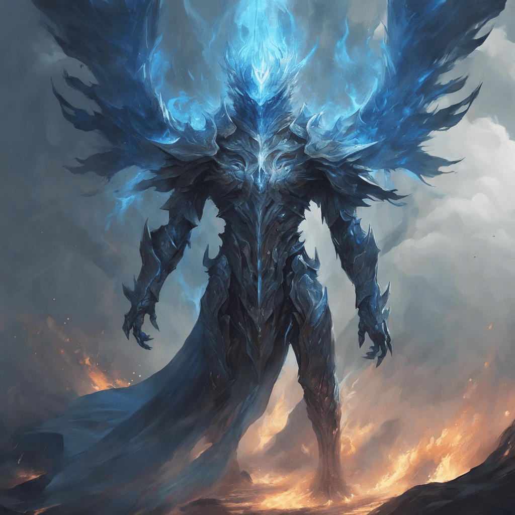 A towering figure shrouded in ethereal armor, its form translucent and flickering like a demised soul clinging to the mortal realm. A chill emanates from its being, and its eyes burn with an unnatural blue fire.