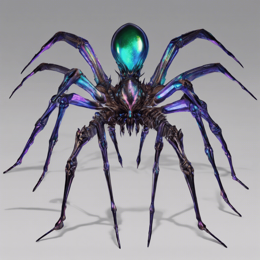 The Xenospider Queen is a massive arachnid-like creature with a sleek exoskeleton shimmering in various shades of iridescent colors. Its eight long, agile legs allow it to move with incredible speed and grace. The Queen's many eyes gleam with intelligence, and its mandibles click menacingly as it scans its surroundings.