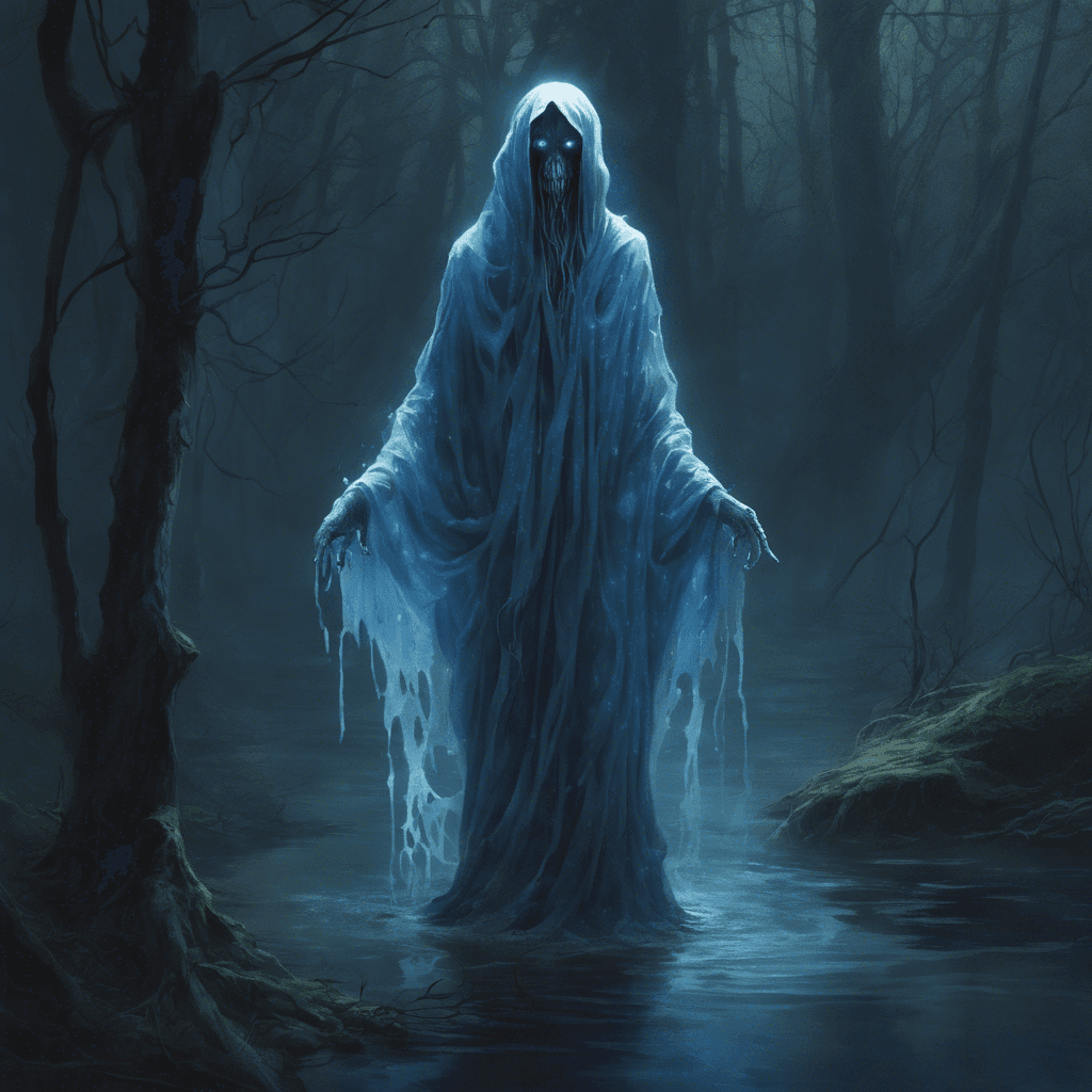 A ghastly figure that shimmers with ethereal energy, draped in tattered robes that float as if submerged in water. Its eyes glow with a haunting blue light that pierces the dim light of the forest. Where its feet should be, there is only a wisp of dark mist.