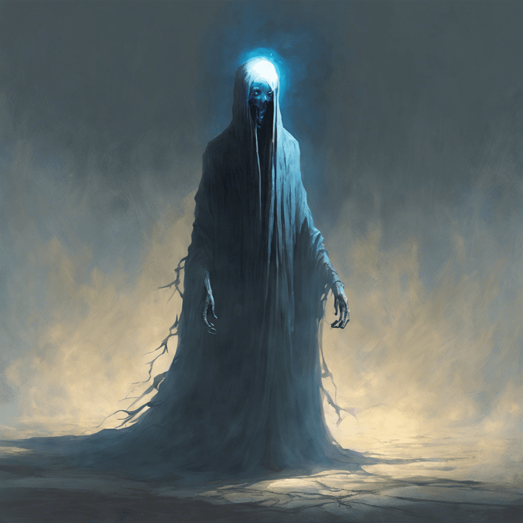 A shadowy, ethereal figure floats above the ground, its form flickering in and out of existence. It has hollow eye sockets that burn with an eerie blue light, and its long, tattered robes seem to absorb the light around it.