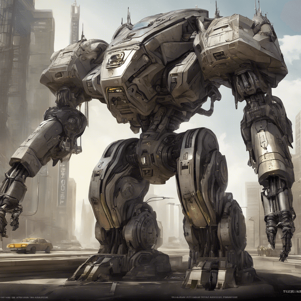 A towering, mechanical behemoth with a sleek titanium exoskeleton and a myriad of weaponized appendages. Its body part armored for interstellar combat.