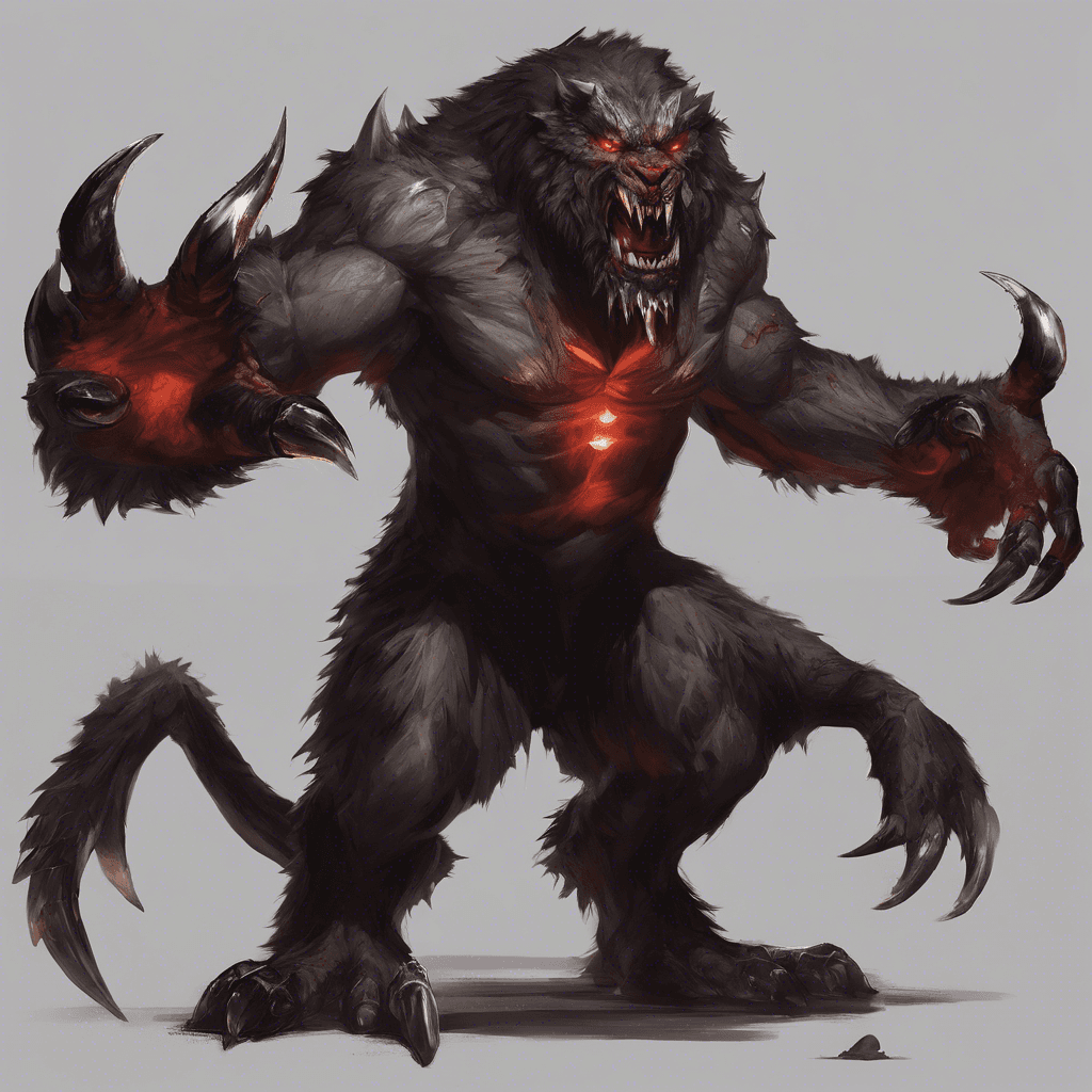 A hulking creature with thick, bristled fur, sharp tusks protruding from its jaw, and glowing red eyes. Its massive paws end in wicked claws, and it moves with a predatory grace despite its size.