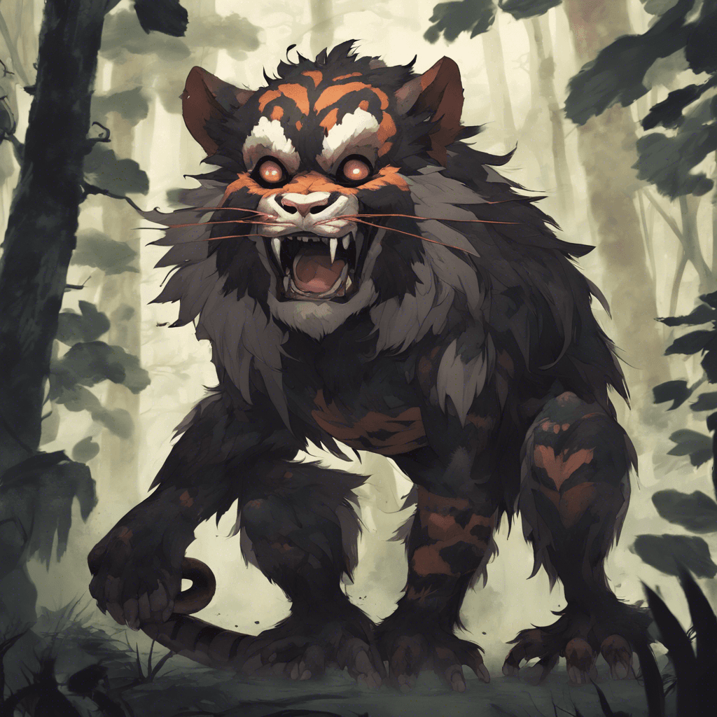 A malevolent creature with the face of a monkey, the body of a tanuki, the legs of a tiger, and a snake for a tail. Its fur is patchy and bristly, mottled with dark, sickly shades blending into the shadows of the forest.