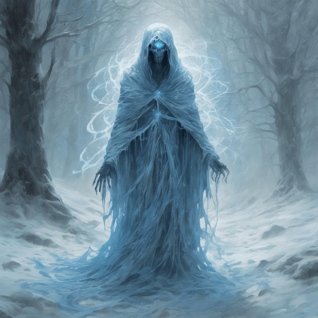 A spectral figure, shrouded in tattered robes of icy blue, with skin pale as death and eyes glowing, an ethereal blue. Its form appears to be made of swirling snow and ice, leaving a trail of frost wherever it drifts.