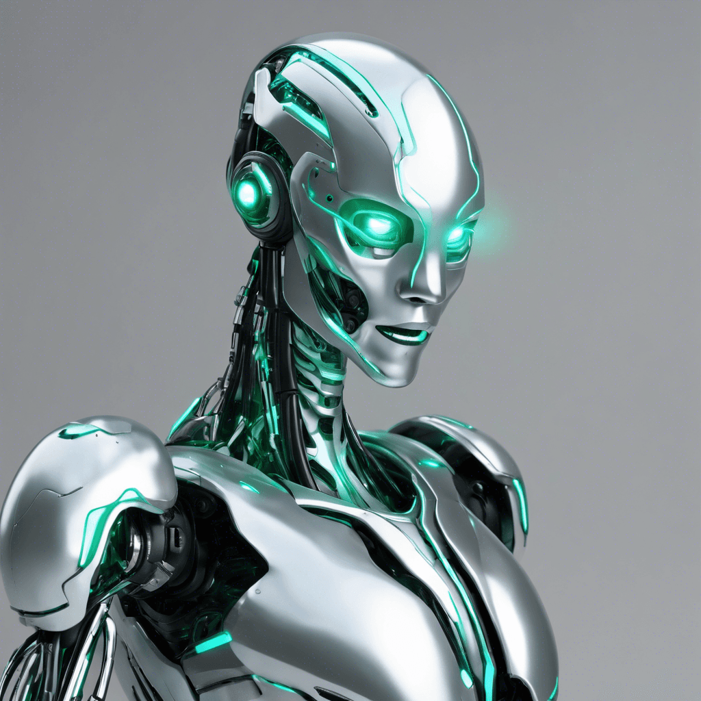 A sleek, silver humanoid robot with glowing cyan lines tracing along its articulated limbs, pulsing in sync with its core. Its eyes are a vibrant, digital green, and it appears to be equipped with advanced gadgets and temporal devices.