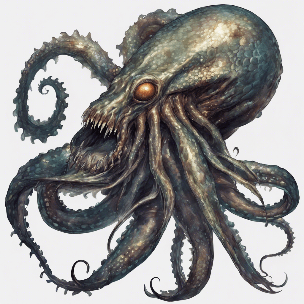 A squid-like humanoid with multiple writhing tentacles where its arms should be, and a mouth full of razor-sharp teeth. It's covered in scales that shimmer with a dark, oily sheen.