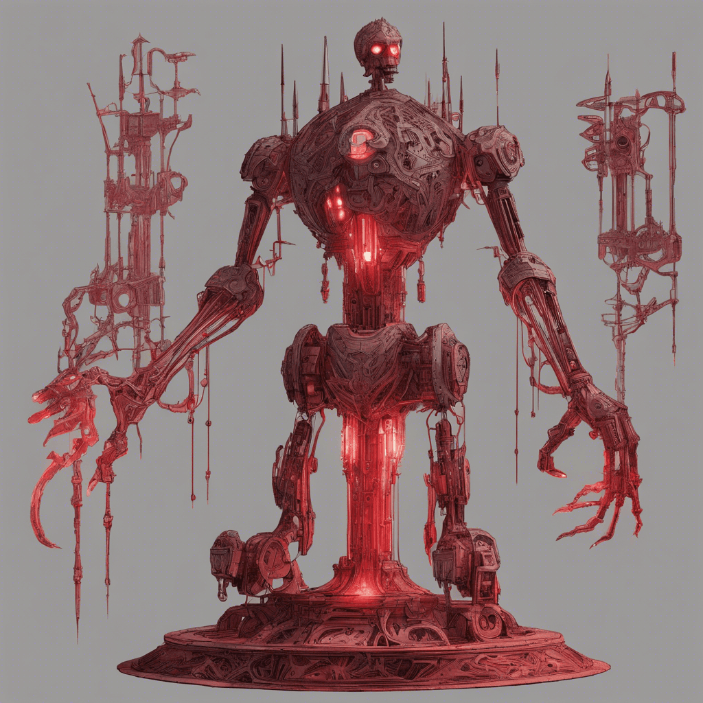 A towering automaton with a metallic skeletal structure exuding an ancient aura. Its surface is covered by etchings that glow with an ominous red hue. The Sentinel possesses three long, dexterous arms, each ending with a different tool: a laser cutter, a grappling hook, and a plasma blaster.