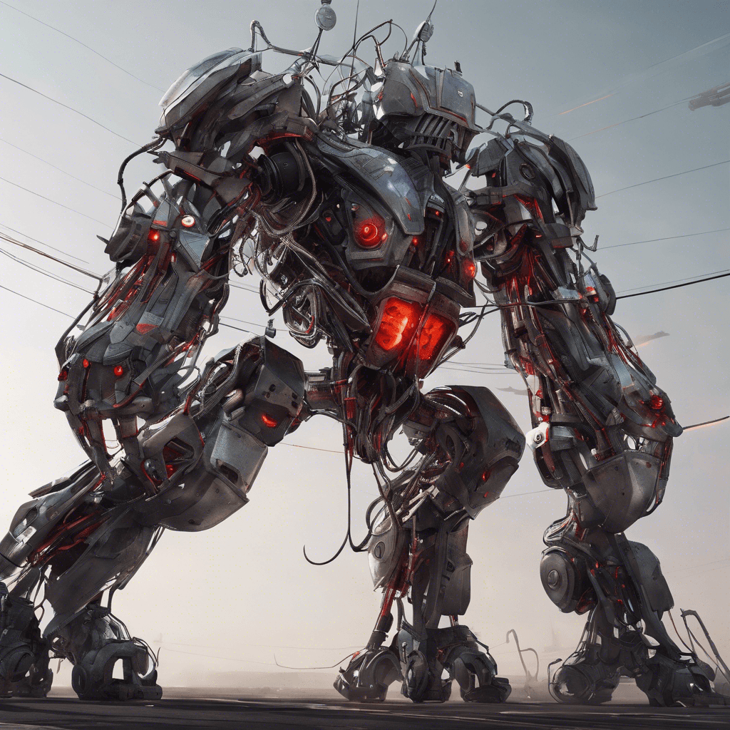 A towering mechanical sentinel, its body a mesh of titanium alloy and wires, with glowing red sensors for eyes. It has articulated arms each ending in various tools and weapons, and it moves with a deliberate and menacing grace.