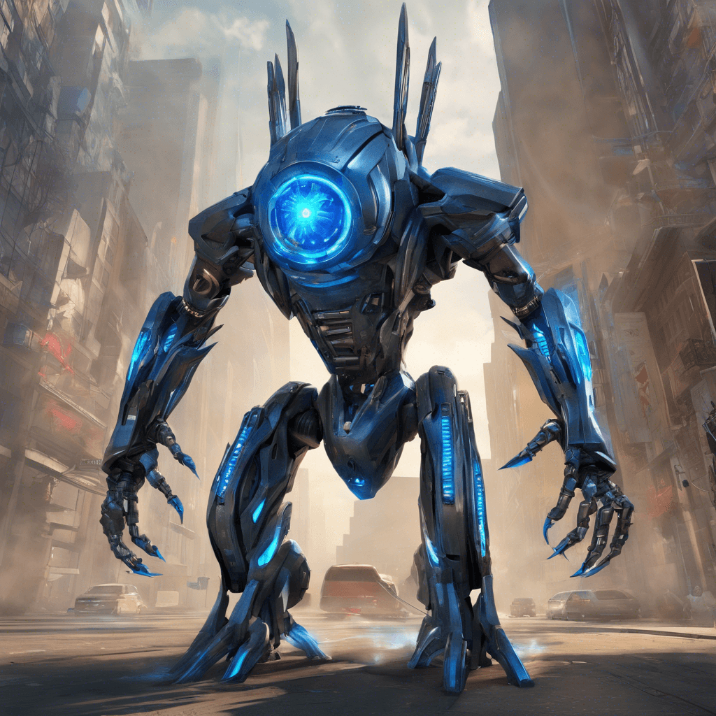 The Vortex Strider is a towering robotic entity, towering at nearly 10 feet tall. Its sleek metallic body is adorned with glowing blue runes that pulse with energy. Sharp, retractable claws extend from its fingers, and its eyes emit a menacing red light. It moves with incredible speed, leaving a trail of distorted air in its wake.