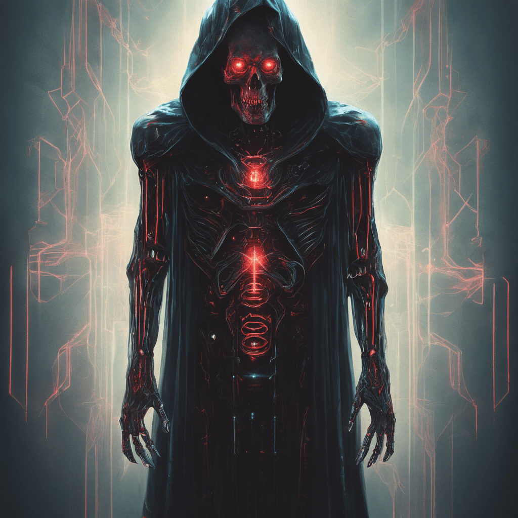 A tall humanoid figure shrouded in a cloak of holographic shadows, with piercing red eyes that glow through the darkness. Cybernetic implants protrude from its skull and hands, crackling with electric energy.