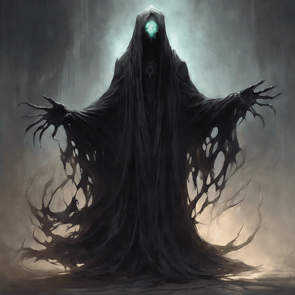 A wraith-like creature, ethereal and barely bound to the physical realm, with tattered black robes that seem to absorb the light around it, and eyes that glow with an unnatural, baleful light. Its form shifts and shimmers, as if it's not entirely there, making its movements hard to predict.