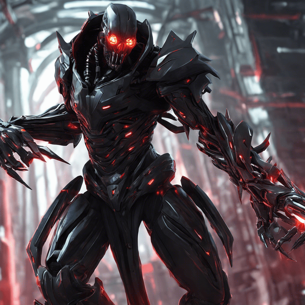 The Cyber Reaper is a menacing figure clad in sleek, black cybernetic armor. Its glowing red eyes pierce through the darkness, reflecting the digital chaos it brings. Sharp metallic blades extend from its arms, ready to strike down any who oppose it.