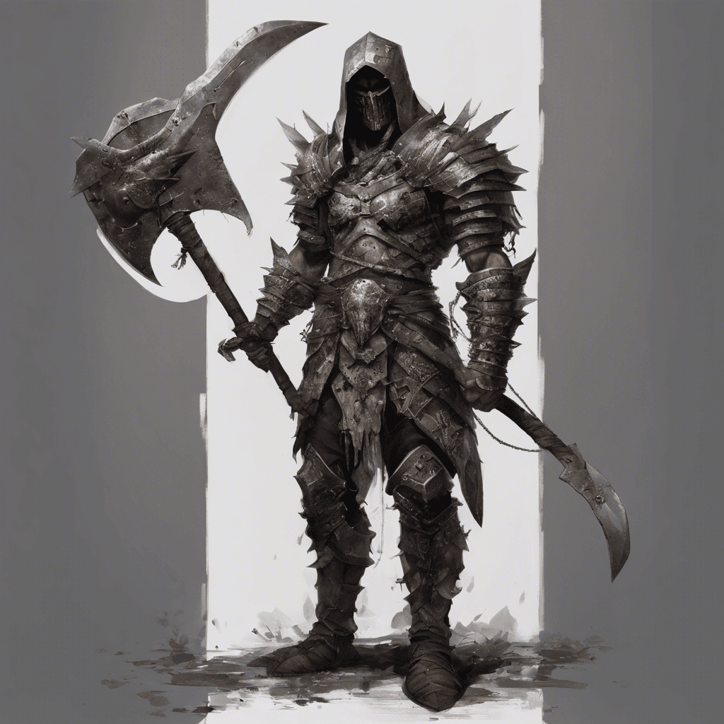 A towering and muscular human clad in patchwork armor, with a scarred face partially hidden by a dark hood. Across his back is slung a massive battleaxe, and his hands are adorned with rings made from the teeth of his enemies.