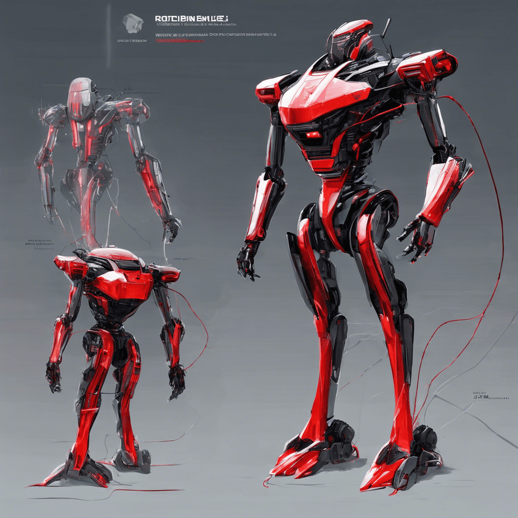 A towering, sleek robotic sentinel with an ominous, glowing red visor and sharp metallic limbs. It moves with a silent, deadly grace, its every motion efficient and precise. Wires and circuits twine around its form like veins, pulsing with artificial life.