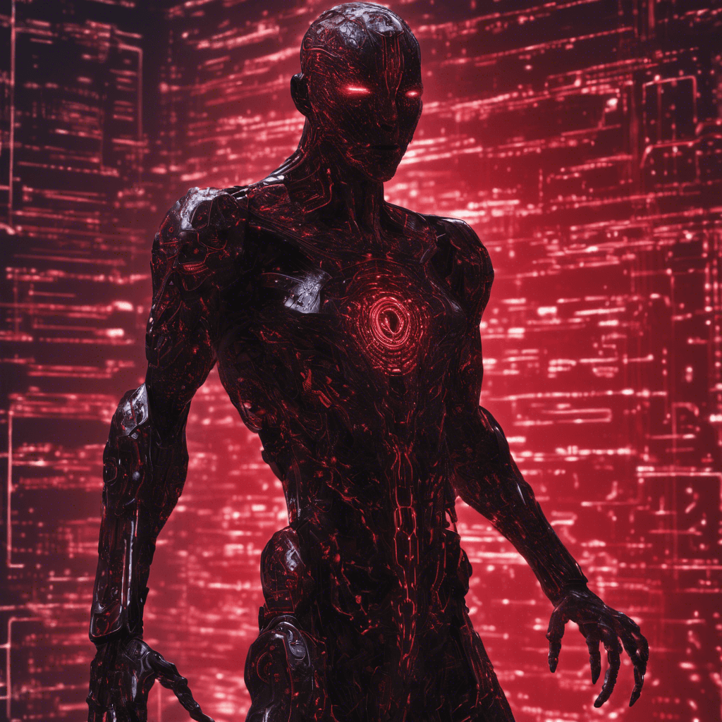 A humanoid silhouette, shrouded in a flickering cloak of digital static. Its eyes are glowing crimson, with circuit patterns running across its skin. It moves with lethal precision, with cybernetic enhancements visible beneath its synthetic flesh.