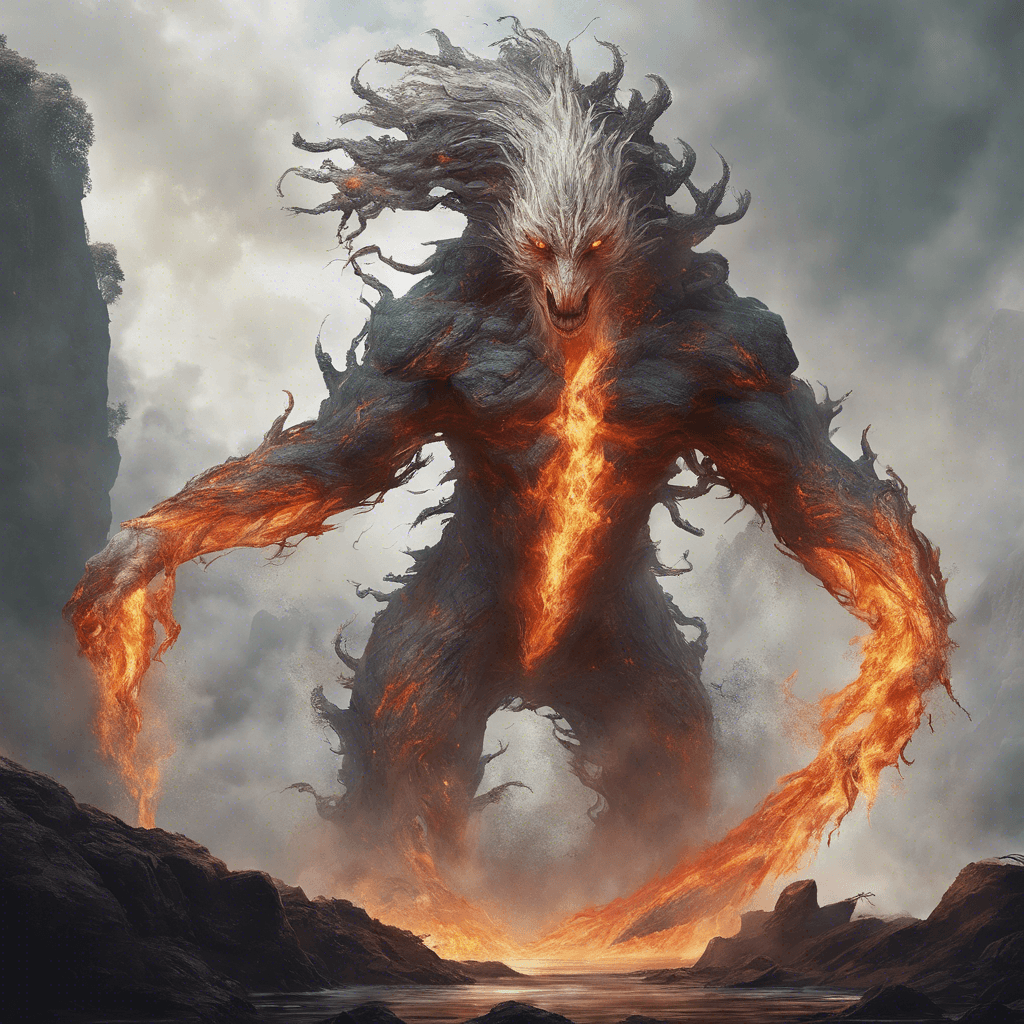 A towering creature made of swirling air, searing flame, cracking earth, and flowing water. Each limb exemplifies a different element, with eyes that burn like white-hot coals.