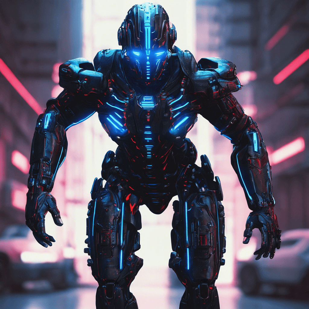 The Cybernetic Enforcer is a humanoid figure covered in sleek black armor with glowing blue circuits running along its body. Its eyes are replaced by red visors that flicker with menacing light. It moves with mechanical precision, emitting a low hum from its cybernetic enhancements.